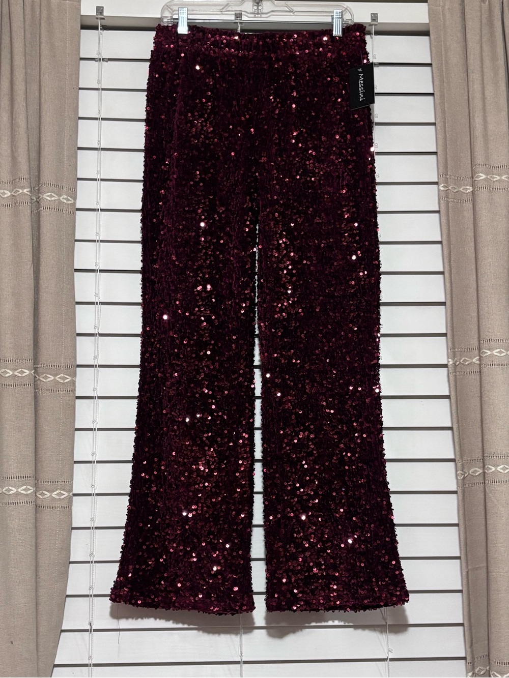 Sequin Flare Pants in Burgundy Wine by Messini